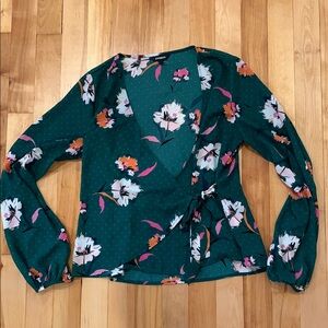 Express pink and green long sleeve floral wrap blouse
